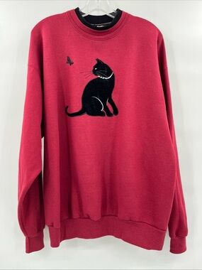 Vintage Top Stitch Velvet Cat Sweatshirt in Deep Berry Size Large
